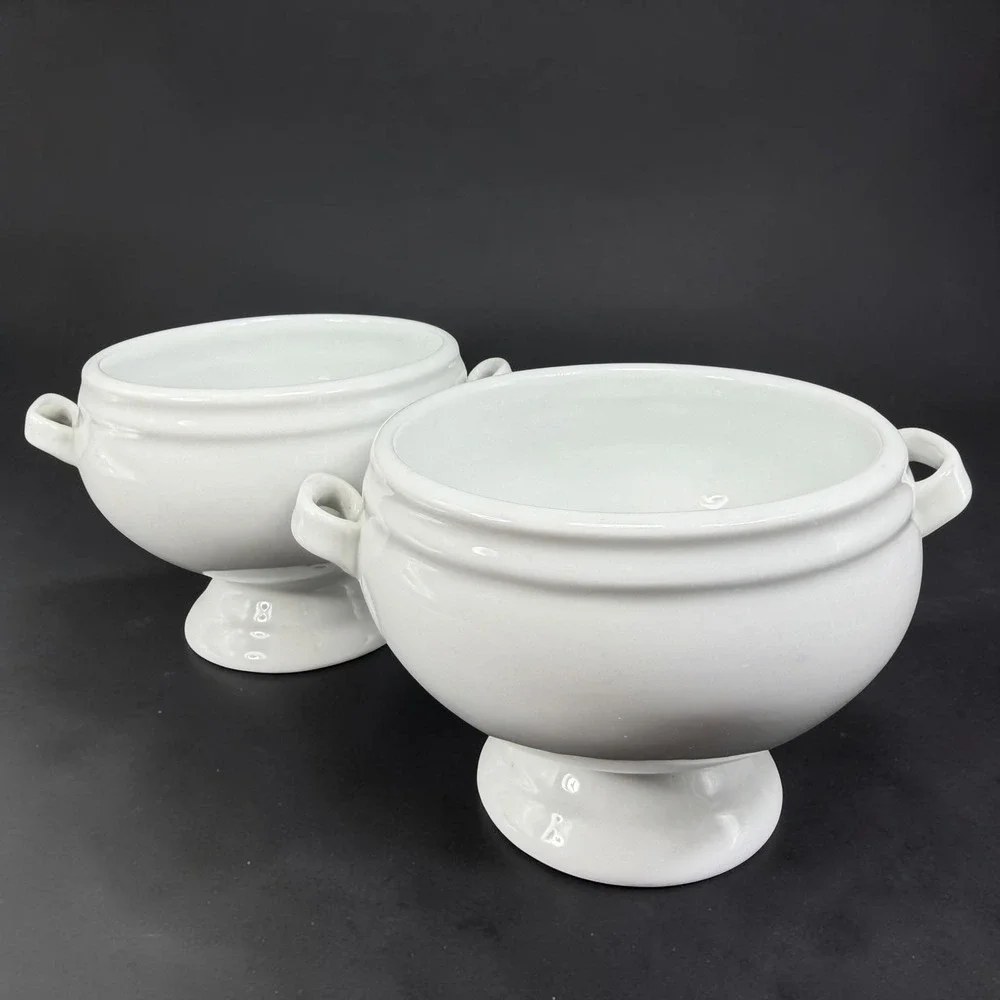 Crate & Barrel White Porcelain Footed Soup Bowls Set 2 Lion Head Style Handles